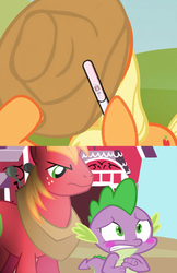 Size: 518x799 | Tagged: safe, artist:the-equestrian-mist, edit, applejack, big macintosh, spike, earth pony, pony, g4, angry, blushing, gritted teeth, hat, implied shotgun wedding, interspecies, male, meme, photoshop, pregnancy test, pregnancy test meme, pregnant, scared, ship:applespike, shipping, stallion, straight, sweet apple acres, you dun goofed