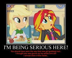 Size: 750x600 | Tagged: safe, screencap, applejack, sunset shimmer, equestria girls, g4, my little pony equestria girls: rainbow rocks, apple, apple juice, motivational poster