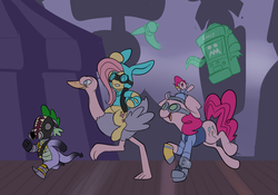 Size: 1024x715 | Tagged: safe, artist:metal-kitty, fluttershy, pinkie pie, spike, ostrich, g4, bunny ears, carnival of carnage, crossover, dispenser, engie pie, engineer, engineer (tf2), hat, pyro (tf2), scream fortress, sniper, sniper (tf2), snipershy, spike pyro, team fortress 2