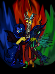 Size: 1536x2048 | Tagged: source needed, safe, artist:jabbie64, discord, nightmare moon, queen chrysalis, g4, antagonist