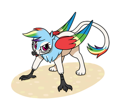 Size: 750x650 | Tagged: safe, artist:salvicorn, rainbow dash, bird, griffon, macaw, g4, 2014, colored wings, description in comments, female, griffonized, multicolored, multicolored wings, rainbow griffon, simple background, solo, species swap, white background, wings