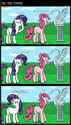 Size: 1924x3382 | Tagged: dead source, safe, artist:ranviet, pinkie pie, rarity, earth pony, pony, unicorn, g4, comic, duo, facehoof, ice sculpture, stuck, tongue out, tongue stuck to something frozen