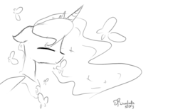 Size: 1280x790 | Tagged: safe, artist:darkflame75, princess luna, butterfly, lunadoodle, g4, eyes closed, female, portrait, sketch, smiling, solo