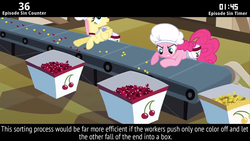 Size: 854x480 | Tagged: safe, edit, edited screencap, screencap, fluttershy, pinkie pie, cinemare sins, g4, season 2, the last roundup, chef's hat, cherry, conveyor belt, duo, food, hat, letterboxing, saddle bag