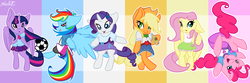 Size: 1600x533 | Tagged: safe, artist:emiliearts, applejack, fluttershy, pinkie pie, rainbow dash, rarity, twilight sparkle, alicorn, pony, g4, bipedal, clothes, equestria girls outfit, equestria girls ponified, female, human pony applejack, human pony dash, human pony fluttershy, human pony pinkie pie, human pony rarity, mane six, mare, ponified, shorts, skirt, tank top, twilight sparkle (alicorn)