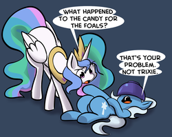 Size: 1280x1021 | Tagged: safe, artist:fauxsquared, princess celestia, trixie, alicorn, pony, unicorn, trixie is magic, g4, bowl, duo, grammar error, inconvenient trixie, trick or treat, tumblr