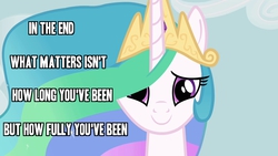 Size: 1280x720 | Tagged: safe, princess celestia, g4, happy, image macro, joy, meme, sagacious celestia, smiling, toonami