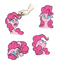 Size: 1280x1446 | Tagged: safe, artist:mostazathy, pinkie pie, earth pony, pony, g4, blushing, cute, diapinkes, disembodied arm, disembodied hand, female, floppy ears, frown, glare, hand, looking at you, mare, open mouth, simple background, white background