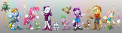 Size: 2733x738 | Tagged: safe, artist:blazetbw, angel bunny, applejack, fluttershy, gummy, opalescence, owlowiscious, pinkie pie, rainbow dash, rarity, spike, tank, twilight sparkle, winona, chao, dog, mobian, robot, anthro, plantigrade anthro, g4, applejack's hat, boots, chaos, claws, clothes, converse, cowboy boots, cowboy hat, crossover, female, hat, high heels, male, mane seven, mane six, mary janes, ring, shoes, skirt, smiling, sonic the hedgehog (series), sonicified, species swap, tail, wings