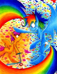 Size: 2529x3279 | Tagged: safe, artist:randamu-chan, rainbow dash, scootaloo, pegasus, pony, g4, duo, female, high res, scooter