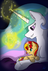Size: 2150x3153 | Tagged: safe, artist:lyx-d, princess celestia, sunset shimmer, alicorn, butterfly, pony, unicorn, g4, filly, filly sunset shimmer, high res, magic, momlestia, prone, smiling, younger