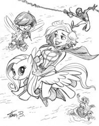 Size: 800x1014 | Tagged: safe, artist:tombancroft, fluttershy, g4, ariel, crossover, male, monochrome, power girl, spider-man, traditional art