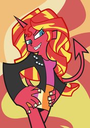 Size: 752x1063 | Tagged: safe, artist:rich-jammer, sunset shimmer, demon, human, equestria girls, g4, daemon scanty, fangs, horn, horned humanization, humanized, panty and stocking with garterbelt, solo, style emulation, sunset satan, tail