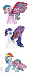 Size: 939x2435 | Tagged: safe, artist:nancyksu, ploomette, rainbow dash, rarity, butterfly, butterfly pony, g4, butterfly wings, colored wings, glimmer wings, gradient wings, pink wings, purple wings, shocked, wings