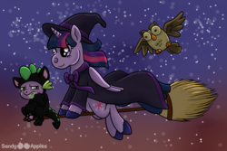 Size: 1000x667 | Tagged: safe, artist:sandy--apples, owlowiscious, spike, twilight sparkle, alicorn, pony, g4, annoyed, broom, catsuit, clothes, costume, female, flying, flying broomstick, halloween, hat, mare, night, smiling, stars, twilight sparkle (alicorn), witch, witch hat