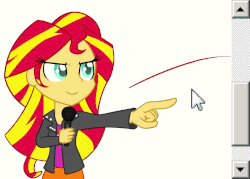 Size: 900x643 | Tagged: safe, artist:klystron2010, artist:puetsua, edit, sunset shimmer, equestria girls, g4, my little pony equestria girls: rainbow rocks, animated, clothes, female, jacket, leather jacket, microphone, pointing, pun, scroll, scrollbar, shocked, singing, skirt, solo, visual pun