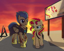 Size: 999x799 | Tagged: safe, artist:drawponies, flash sentry, sunset shimmer, pegasus, pony, unicorn, g4, billboard, duo, fallout, fallout: new vegas, female, male, mare, sarsparilla, ship:flashimmer, shipping, stallion, straight, sunset sarsparilla