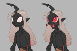 Size: 1244x820 | Tagged: safe, artist:carnifex, oc, oc only, oc:calliphora, changeling, changeling queen, human, changeling oc, changeling queen oc, female, gray background, humanized, insectoid, mandibles, nictitating membrane, red changeling, red eyes, simple background