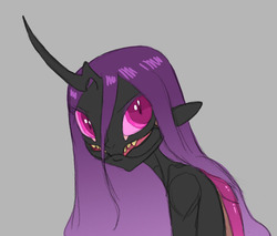Size: 738x630 | Tagged: safe, artist:carnifex, oc, oc only, oc:miasma, changeling, changeling queen, human, changeling oc, changeling queen oc, female, gray background, humanized, insectoid, mandibles, purple changeling, simple background