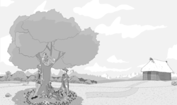 Size: 1280x760 | Tagged: safe, artist:mostazathy, fluttershy, sweetie belle, twilight sparkle, oc, oc:anon, human, robot, g4, clothes, costume, flutterbot, grayscale, monochrome, snuggling, tree, under the tree