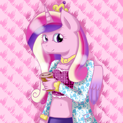 Size: 2000x2000 | Tagged: safe, artist:stockingstreams, princess cadance, anthro, g4, belly button, coffee, female, happy, high res, midriff, simple background, smiling, solo