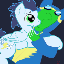 Size: 1000x1000 | Tagged: safe, artist:riskypony, soarin', oc, oc:anon, g4, clothes, cutie mark, goggles, hoodie, hug, old cutie mark, snuggling