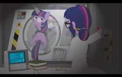 Size: 1750x1100 | Tagged: safe, artist:dm29, sci-twi, twilight sparkle, alicorn, human, pony, equestria girls, g4, my little pony equestria girls: rainbow rocks, adventure in the comments, belly button, bondage, clipboard, crying, duo, evil, experiment, female, glare, gritted teeth, human ponidox, in the name of science, laboratory, lever, mad scientist, mare, nightmare fuel, nightmare night, reflection, restrained, science, self ponidox, smirk, this is going to hurt, this will end in tears, this will not end well, twilight sparkle (alicorn), twolight