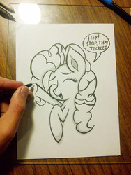 Size: 462x616 | Tagged: safe, artist:therazor659, pinkie pie, g4, female, hand, ink, monochrome, solo, speech bubble, tickling, traditional art