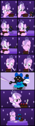 Size: 1500x5431 | Tagged: safe, artist:magerblutooth, diamond tiara, oc, oc:dazzle, cat, pony, comic:diamond and dazzle, g4, cake, chocolate, clothes, comic, crossdressing, dress, female, filly, foal, fork, trickery