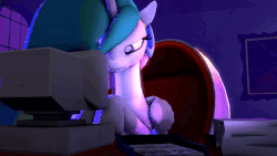 Size: 640x360 | Tagged: safe, artist:sourcerabbit, princess celestia, pony, g4, 3d, animated, annoyed, bored, chair, computer, dark, female, floppy ears, frown, pc, sitting, solo, source filmmaker, typing