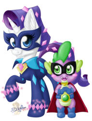 Size: 612x800 | Tagged: safe, artist:unisoleil, radiance, rarity, spike, dragon, pony, unicorn, g4, power ponies (episode), clothes, costume, female, halloween, humdrum costume, male, mare, power ponies, ship:sparity, shipping, simple background, straight, transparent background