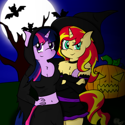 Size: 1024x1024 | Tagged: safe, artist:megajack, sunset shimmer, twilight sparkle, bat, unicorn, anthro, g4, arm around neck, bare shoulders, belly button, blushing, breasts, chest fluff, cleavage, clothes, crossed arms, dead tree, duo, friendshipping, full moon, halloween, jack-o-lantern, looking at you, midriff, moon, platonic, pumpkin, short shirt, shoulder fluff, signature, smiling, tree, witch