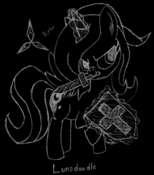 Size: 942x1068 | Tagged: safe, artist:rinku, princess luna, lunadoodle, g4, cosplay, cute, female, filly, halloween, hat, inverted colors, link, magic, nightmare night, raised hoof, s1 luna, shield, sketch, solo, spread wings, sword, the legend of zelda, weapon, woona