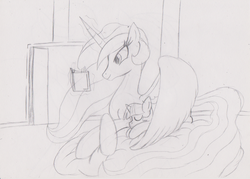 Size: 1645x1180 | Tagged: safe, artist:mytatsur, princess celestia, twilight sparkle, g4, commission, monochrome, prone, reading, sketch, sleeping, traditional art, wip