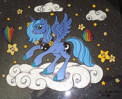Size: 750x608 | Tagged: safe, artist:lilsugarberry, princess luna, alicorn, pony, g4, cloud, female, mare, open mouth, open smile, s1 luna, smiling, solo, stars, traditional art