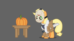 Size: 864x486 | Tagged: safe, artist:khuzang, artist:poison--hearts, part of a set, applejack, earth pony, pony, g4, animated, clothes, costume, female, halloween, jason voorhees, mare, mask, simple background, solo