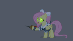 Size: 864x486 | Tagged: safe, artist:khuzang, artist:poison--hearts, part of a set, fluttershy, pegasus, pony, g4, adorable distress, animated, bioshock, clothes, costume, crossover, cute, female, glowing eyes, gritted teeth, halloween, little sister, mare, messy mane, open mouth, prone, scared, shivering, shyabetes, solo, wide eyes