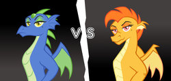 Size: 1092x518 | Tagged: safe, artist:queencold, oc, oc only, oc:frazzle, oc:treble, dragon, dark background, dragon oc, dragoness, female, gray background, simple background, teenaged dragon, vs