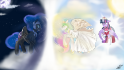 Size: 1920x1080 | Tagged: safe, artist:mrscurlystyles, nightmare moon, princess celestia, twilight sparkle, alicorn, pony, g4, alicorn magic, cloud, cloudy, crown, crying, day, female, fight, flashback, magic, mare, moon, night, on a cloud, queen serenity, sailor moon (series), sailor twilight, sister fight, sun, twilight sparkle (alicorn)