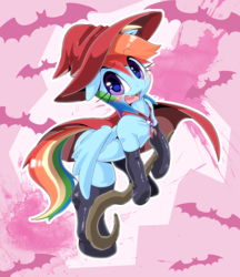 Size: 862x1000 | Tagged: safe, artist:oze, rainbow dash, bat, pegasus, pony, g4, abstract background, bipedal, bipedal leaning, blushing, cape, clothes, costume, cute, cute little fangs, dashabetes, fangs, female, hat, latex socks, mare, nightmare night, open mouth, raised eyebrow, socks, solo, witch