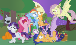 Size: 1450x850 | Tagged: safe, artist:dm29, applejack, flash sentry, fluttershy, pinkie pie, rainbow dash, rarity, spike, twilight sparkle, alicorn, bat pony, earth pony, pegasus, pony, unicorn, g4, apple, backwards cutie mark, bad end, eyes on the prize, female, flutterbat, halloween, hug, male, mane seven, mane six, mare, nightmare night, on back, pounce, pumpkin, ship:flashlight, shipping, skeleton, straight, sweet apple acres, twibat, twilight sparkle (alicorn)