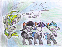 Size: 1111x841 | Tagged: safe, artist:pandan009, dj pon-3, lyra heartstrings, octavia melody, vinyl scratch, oc, oc:screwpine caprice, pony, g4, bipedal, clothes, context is for the weak, dancing, duckface, pants, whip