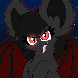 Size: 1000x1000 | Tagged: safe, artist:pegamutt, oc, oc only, oc:qetesh, bat pony, pony, fangs, glowing eyes, halloween, spooky, tongue out