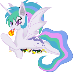 Size: 6161x6085 | Tagged: dead source, safe, artist:farminilla, princess celestia, bat pony, pony, g4, absurd resolution, candy, fangs, female, food, licking, lollipop, looking at you, mare, open mouth, prone, race swap, simple background, solo, spread wings, tongue out, transparent background, vector