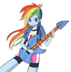 Size: 784x786 | Tagged: safe, artist:yog, rainbow dash, equestria girls, g4, my little pony equestria girls: rainbow rocks, armband, breasts, busty rainbow dash, clothes, compression shorts, cute, dashabetes, electric guitar, female, grin, guitar, looking at you, musical instrument, pixiv, playing, simple background, skirt, solo, white background, windswept mane