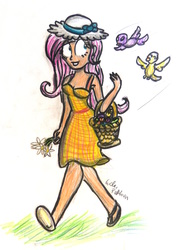 Size: 3216x4288 | Tagged: safe, artist:camikoopa, fluttershy, human, g4, female, hat, humanized, solo, traditional art