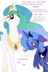 Size: 900x1350 | Tagged: dead source, safe, artist:gavalanche, princess celestia, princess luna, alicorn, pony, g4, luna eclipsed, crying, female, luna drama, lunabuse, mare, nightmare night, op is a duck, op is trying to start shit, royal sisters, s1 luna, siblings, sisters, text, tyrant celestia