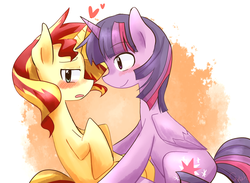 Size: 1146x840 | Tagged: safe, artist:gyaheung, sunset shimmer, twilight sparkle, alicorn, pony, unicorn, g4, blushing, duo, female, heart, horn, horns are touching, lesbian, open mouth, ship:sunsetsparkle, shipping, smiling, twilight sparkle (alicorn)
