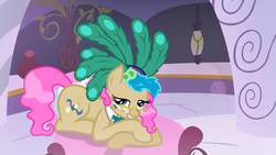 Size: 4859x2733 | Tagged: safe, artist:minimoose772, mayor mare, g4, bedroom eyes, feather, female, non-dyed mayor, pink mane, solo