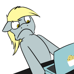 Size: 500x500 | Tagged: safe, derpy hooves, pegasus, pony, g4, computer, female, mare, meme, muffin, reaction image, solo